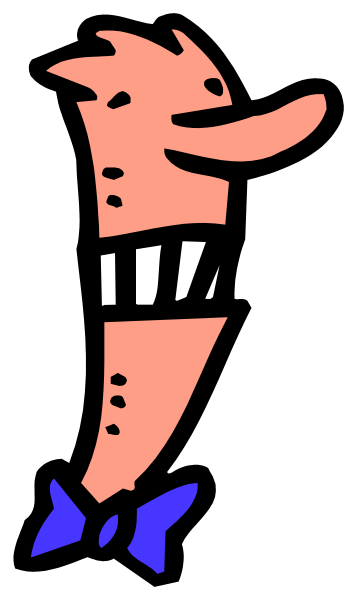 The image shows a cartoon of an anthropomorphic fish character with red fins wearing blue pants and holding what appears to be a microphone in its mouth while standing on stage against a black background.