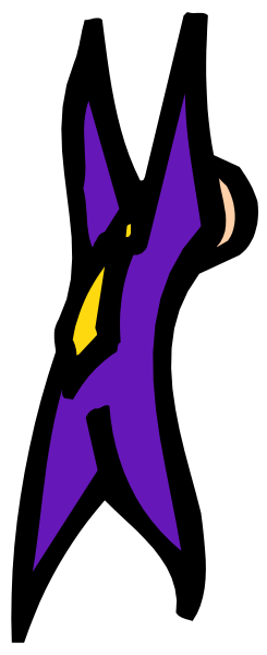 The image shows a purple animal with yellow eyes peeking out from behind what appears to be an abstract black shape on a gray background.