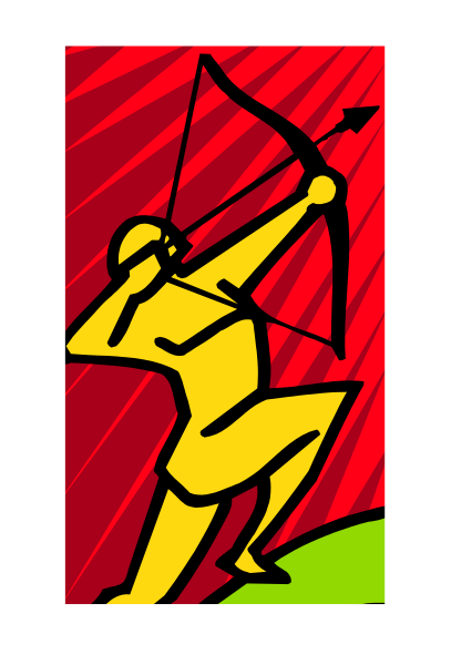 The image shows a colorful illustration of an archer with bow drawn on red background inside frame.