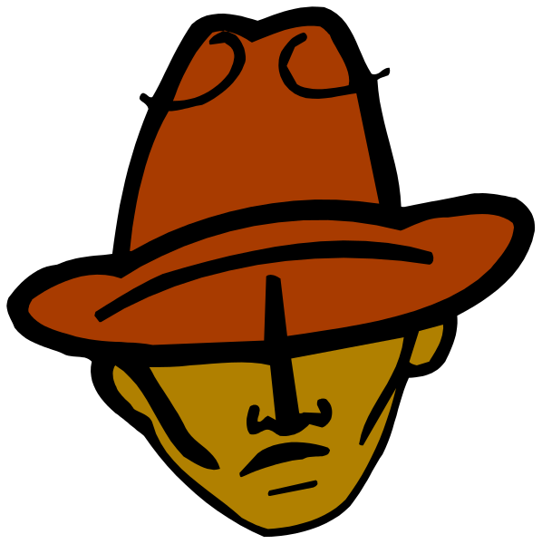 The image shows a stylized illustration of an individual wearing a red hat with two visible holes on top, resembling cowboy-style headwear. This person is depicted in profile view facing to their right and appears to be smiling slightly while looking downward towards what seems like the ground or floor level below them. The background behind this figure is black.