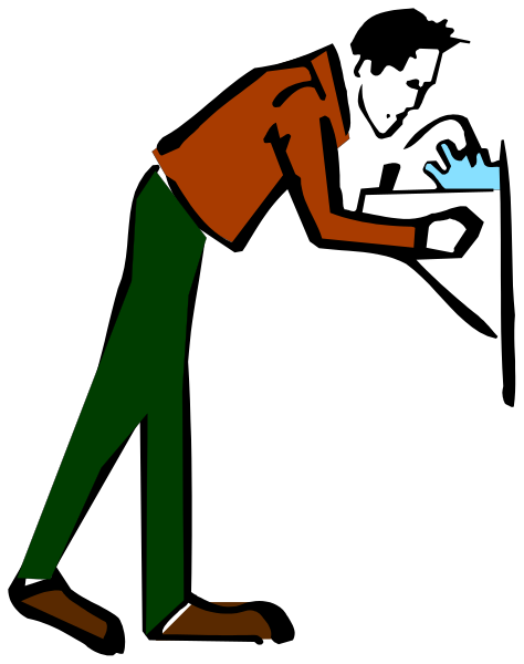 The image shows a cartoon of an adult male figure standing upright with his head bowed downward as if looking at something on the ground; he is wearing green pants and has one hand in front of him, possibly holding onto it for support.