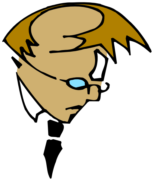 The image shows a cartoon of an adult male with glasses looking downwards while wearing a suit jacket over his shoulder; he has short brown hair and is balding on top.