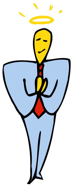 The image shows a cartoon of an angel with wings standing next to a businessman who is holding his hands together as if in prayer or supplication.