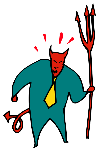 The image shows a cartoon of an evil devil character holding a pitchfork with flames atop it while standing on top of what appears to be a book titled "The Devil's Bible."