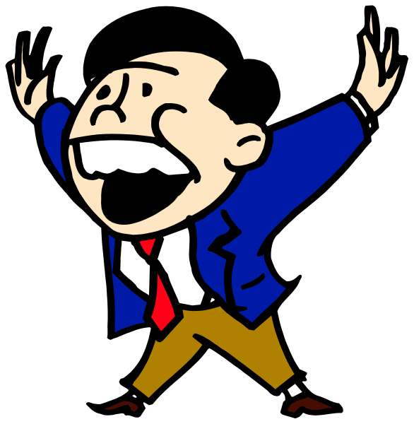 The cartoon shows a man with his arms raised high above him while standing on two legs; he is wearing brown pants and has short hair. He appears to be in mid-motion as if dancing or celebrating, but there's no visible background detailing where this action might take place.