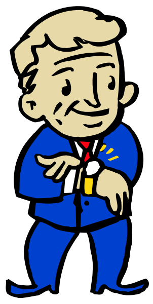 The image shows a cartoon of an older man with gray hair wearing glasses standing next to another figure that appears to be in motion due to its blurred appearance; he is dressed formally in blue suit pants and has his hands on hips, smiling slightly as if posing for the photo or making some sort of gesture.