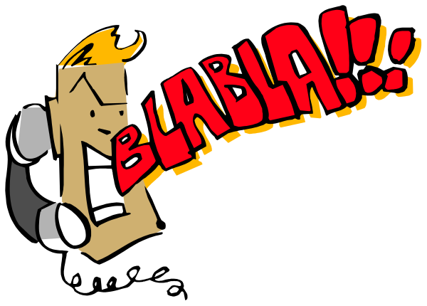 The image shows a cartoon of two characters with speech bubbles containing text; on the left is an exclamation point followed by "blab!" in bold letters, while on the right there's another character saying something that appears to be unintelligible or nonsensical due to its random arrangement.