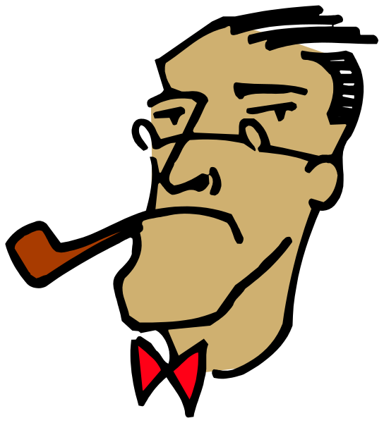 The black and white illustration features a man smoking from his pipe while holding it with both hands near his mouth; he is wearing glasses and has dark hair styled in an unkempt manner.