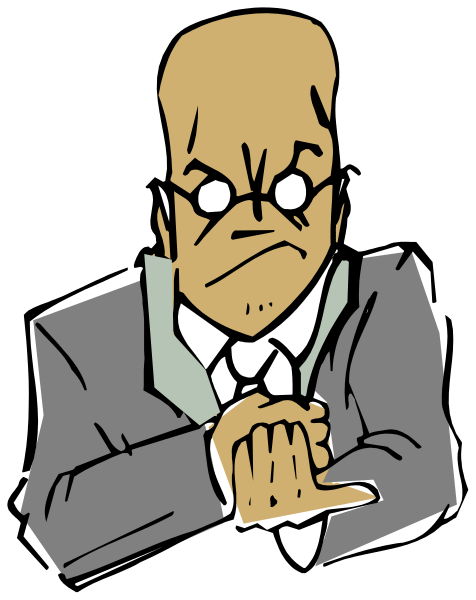 The cartoon shows a man with glasses standing against a dark background; he is wearing a suit jacket over his shoulder and has one hand on hip while holding up another finger in front of him as if to make an important point, suggesting that this could be from a presentation or lecture setting.