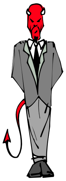 The image shows a black and white illustration of an anthropomorphic red dog wearing business attire standing next to another figure that appears humanoid but is also in monochrome with no distinct features visible due to its positioning within the frame, which creates a split-screen effect between them against different backgrounds.