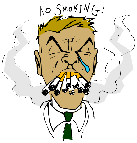 The cartoon shows a man with exaggerated facial features making an angry expression while smoking cigarettes from his mouth; he is wearing a suit jacket over a shirt without sleeves, revealing tattoos on both arms.