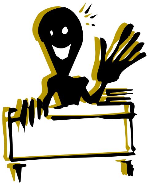 The black and white illustration shows a cartoon character sitting at an organ with its hands on it as if playing music; above this figure is another smaller image of what appears to be a ghostly hand reaching down towards them, suggesting some sort of interaction between the two characters or elements in the artwork.