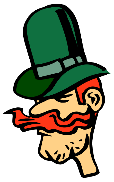 The image shows a cartoon of an Irish man wearing a green hat with red hair on top, holding what appears to be a shamrock in his hand while standing next to a black background that has white stripes running across it vertically and horizontally.