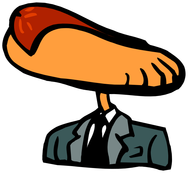 The image shows a cartoon of an anthropomorphic foot with human features wearing glasses on its toes, standing next to another depiction that appears to be a person's head in profile view from behind, also drawn as if it were part of someone else's body or clothing.