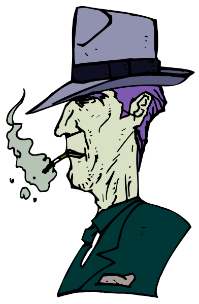 The image shows a black and white illustration of an animated character who appears to be smoking while wearing a fedora hat with purple tinting around it; he is depicted in profile view against a dark background, giving off a noir vibe.