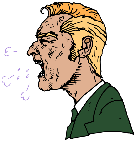 The image shows a man with blonde hair wearing glasses who appears to be shouting into an open window while holding his hand up as if he's speaking loudly; there is no background detail provided in this clip-art illustration, which focuses on capturing just one moment of action and expression from the character.