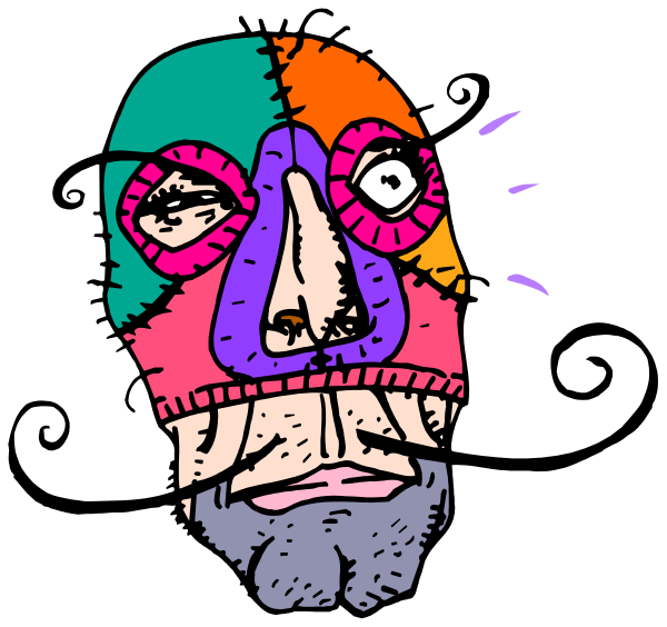 The image shows a cartoon face with various facial features such as eyes, nose, mouth, eyebrows, ears, hair, beard, mustache, and sideburns all in different styles of coloring like crayon scribbles on paper.