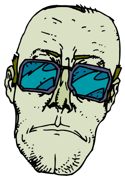 The image shows a man wearing sunglasses with blue lenses; he has dark hair styled upwards on top of his head and is looking to one side. He appears surprised or shocked by something off-camera, as indicated by his facial expression.
