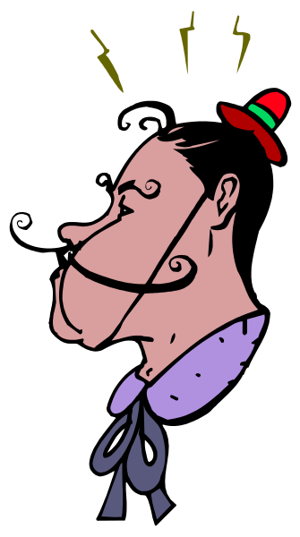 The image shows a cartoon of an animated character with exaggerated facial features such as large eyes and eyebrows, wearing what appears to be a hat adorned with feathers on top, possibly indicating it's from another era like Victorian times.