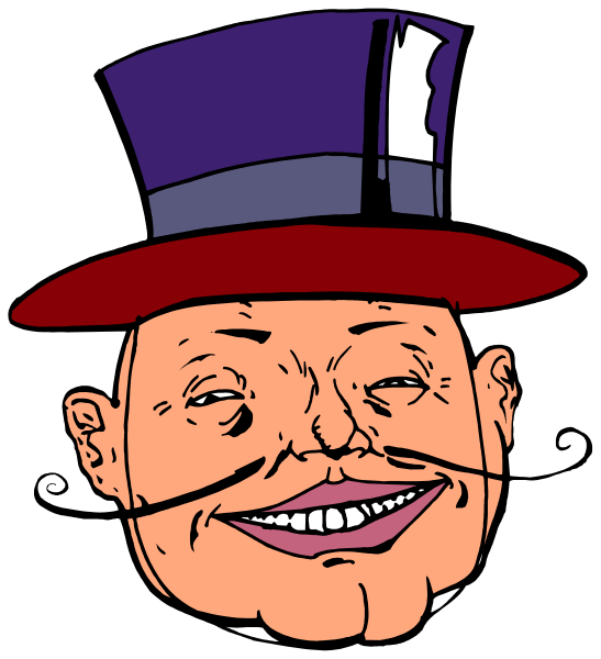 The image shows a cartoon of an older man with exaggerated facial features wearing a top hat; he has mustache hair on his chin and is smiling broadly at something off-camera.