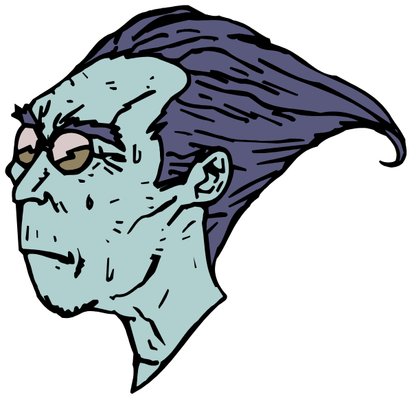 The black and white illustration features a man with an exaggeratedly large head who is looking to his right while wearing glasses on top of his hairless dome-like forehead; he has dark eyes and appears surprised, as indicated by raised eyebrows above closed eyelids. His mouth hangs open slightly in the middle section where it's not possible for him to speak or make any facial expressions due to its size relative to his head. The man is bald with a small tuft of hair on top that stands up straight and has no visible ears, suggesting he might be an alien character