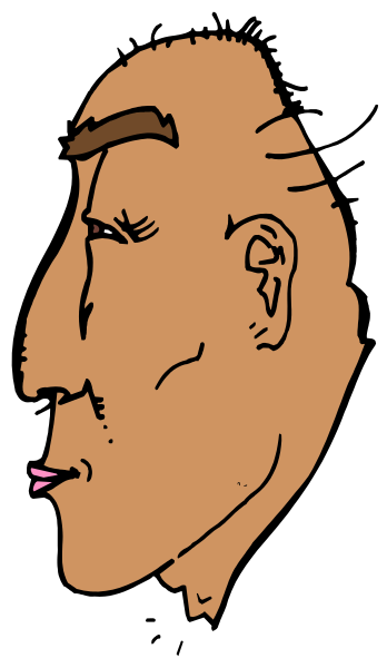 The black and white illustration shows a side view of an adult male face with facial hair on his chin and mustache, wearing glasses over eyes that appear to be looking downwards towards something out of frame.