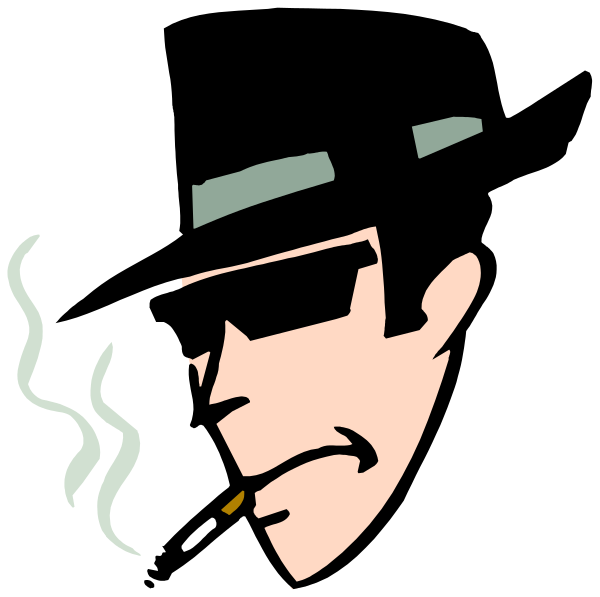 The image shows a black and white cartoon of two caricatures: on top is an animated character with sunglasses smoking cigarettes; below it appears to be another figure also depicted in silhouette, but without any distinguishing features like glasses or accessories that would allow for identification as either male or female.