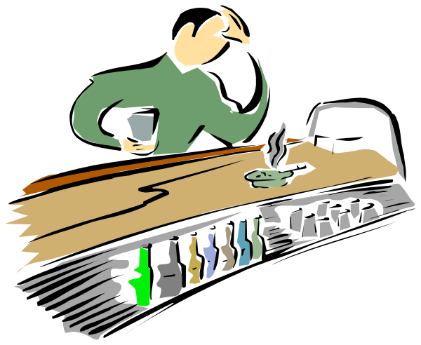 The illustration shows a man standing behind an array of bottles on shelves at what appears to be a bar counter with various items such as cups in front of him; he is holding something small near his face that could possibly be a candle, and there's no text present within this image.
