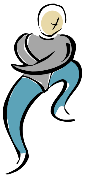 The image shows a cartoon of an animated character sitting on top of another figure that appears to be lying down with its legs bent at the knees in front of it; both characters have blue outfits resembling swimsuits, and there is no text present within this small clip-art.