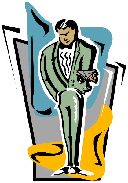 The illustration depicts a man wearing formal attire holding a martini glass with an olive on it while standing next to what appears to be a cocktail shaker in front of him; he is also leaning against his leg, and there's another figure that seems like they are dancing or posing behind the main character.