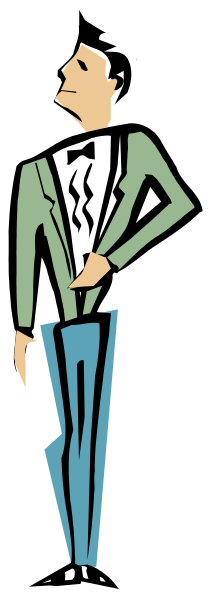 The image shows a man standing against a black background with his hands on hips; he is wearing blue pants and has dark hair.