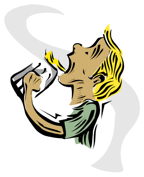 The black and white illustration shows a cartoon character with blonde hair blowing smoke from their mouth while holding what appears to be an object in one hand that could possibly represent something related to music due to its shape, but it's not clear enough for me to identify specifically.