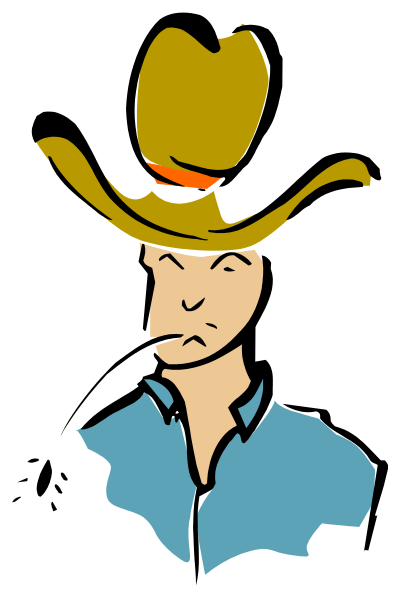 The image shows a cartoon of an adult male with cowboy hat wearing blue shirt sitting on horseback against black background.