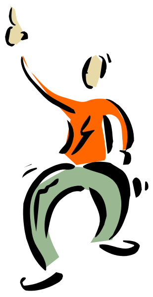 The image shows a black and white silhouette of three figures dancing with their arms raised above them against an orange background on the right side.
