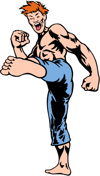 The image shows a black and white comic book illustration of an animated male character with muscular build performing martial arts kick in mid-air against dark background.