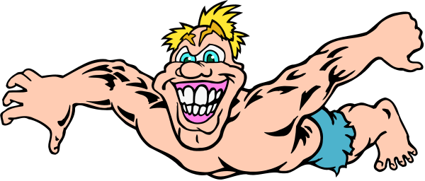 The image shows a cartoon of an exaggeratedly muscular man with blond hair flying through midair while holding onto his shorts; he is depicted in black ink on white paper against a gray background.