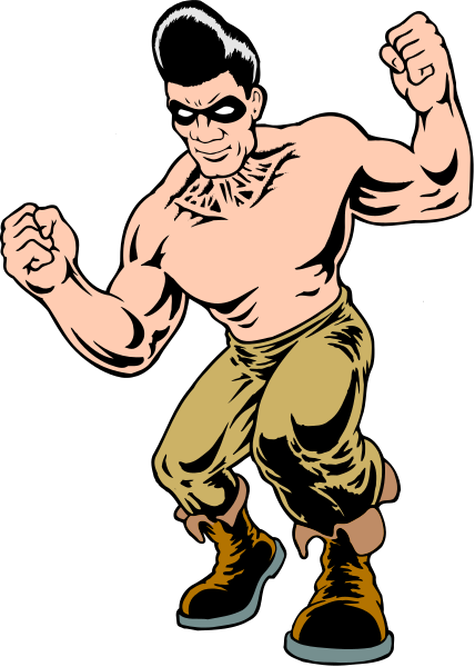 The black and white comic book illustration features a muscular man with dark hair wearing boots standing on his tiptoes in an exaggerated pose against a solid background; he is flexing one arm while holding onto something, possibly another object not visible within this frame of reference.