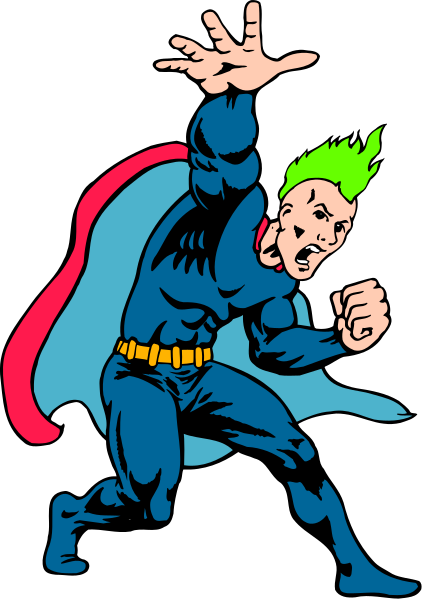 The image shows a cartoon of an animated superhero character with green hair wearing blue clothing standing on his toes as if he's flying in front of a black background.