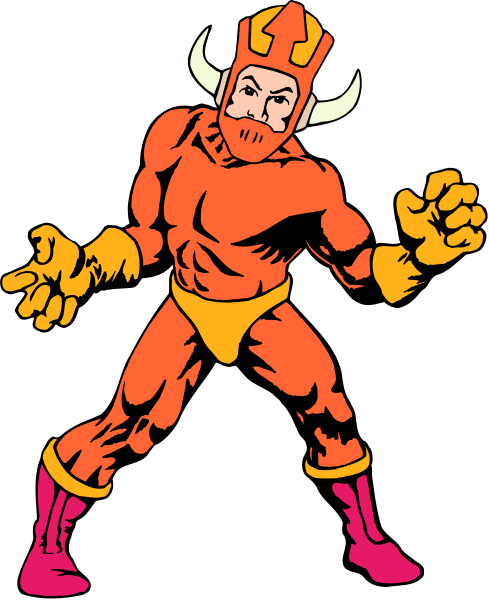 The image features a cartoon of an orange superhero with red boots standing on his hands against a black background.