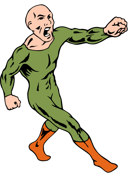 The black and white illustration shows a muscular man with an intense expression running forward while wearing green tights that resemble Superman's costume; he is depicted in mid-stride against a dark background, giving off action vibes.