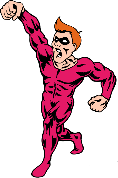 The black and white comic book illustration shows a muscular man with red hair running to his right while flexing both arms in front of him against a dark background.