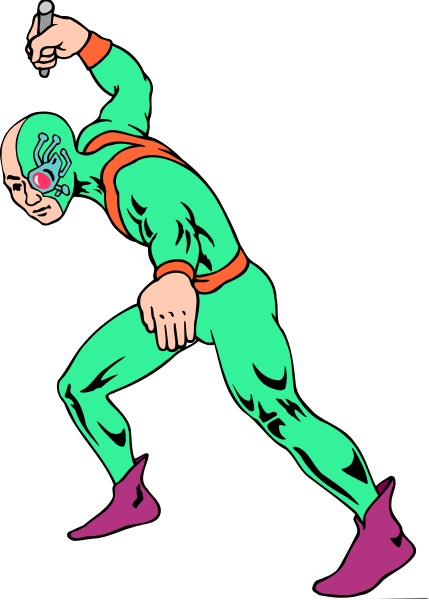 The image shows a comic book character with green skin wearing red boots running towards something on his right side while holding an object in both hands that resembles a gun.