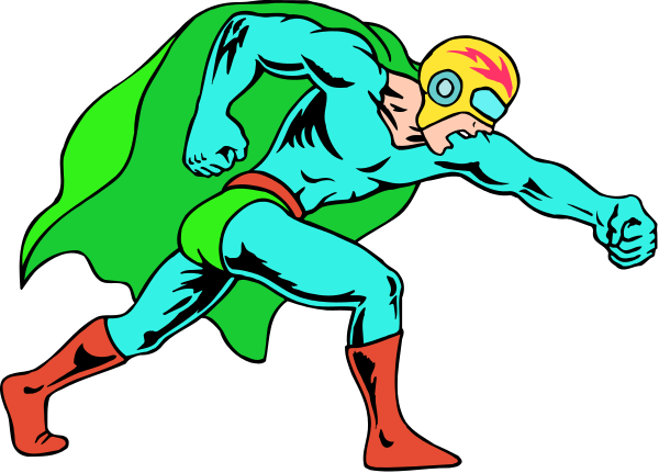 The image shows a cartoon of two superheroes: on the left is Superman with his cape flowing behind him as he runs forward; to the right stands another hero in an action pose holding out their hand, possibly ready for combat or interaction.
