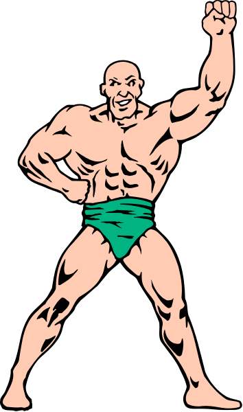 The image shows a cartoon of an animated male figure with muscular build dressed as a wrestler standing on his toes in front of him holding up one fist while wearing shorts.