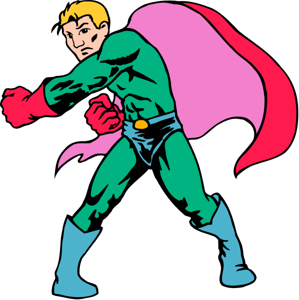 The image shows a comic book superhero character standing with his arms outstretched against a black background.