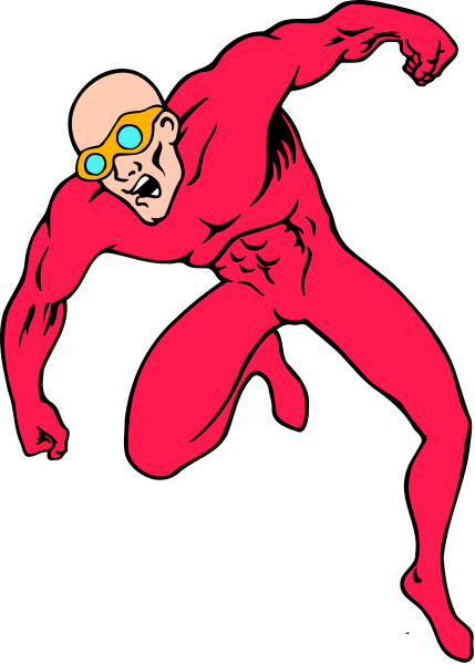 The image shows a superhero character with red suit running on black background.