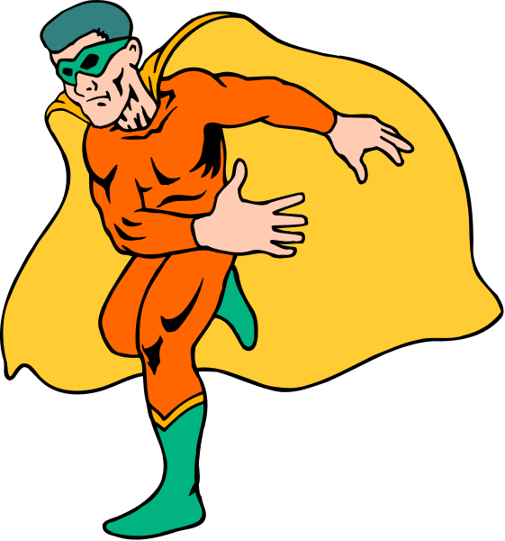 The image shows two panels of a comic strip featuring an animated superhero character with yellow skin wearing blue shorts and green boots in both instances. In one panel, he is standing confidently on his right leg while holding out his left arm to showcase something off-screen; this pose suggests that the hero has just finished performing some action or trick. The other panel shows him running forward at full speed with arms extended for balance, indicating motion and urgency in a dynamic scene likely depicting an ongoing battle or chase sequence common in superhero comics.