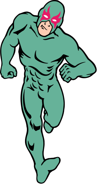 The image shows a comic book superhero character running on an abstract background with black lines forming shapes that resemble buildings; there is no text present in this clip-art illustration.