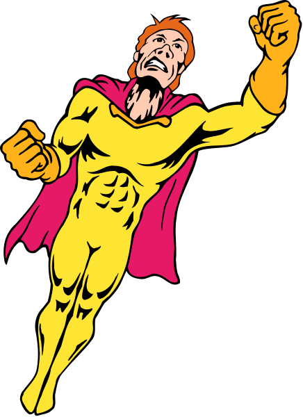 The image features a superhero character with muscular physique wearing yellow suit flying through space holding his fist up to chest in triumphant pose against black background.