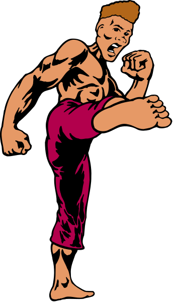 The image shows a black and white illustration of an animated character who appears to be male with muscular build, wearing shorts and kicking his leg outward in front of him as if he's performing martial arts move.